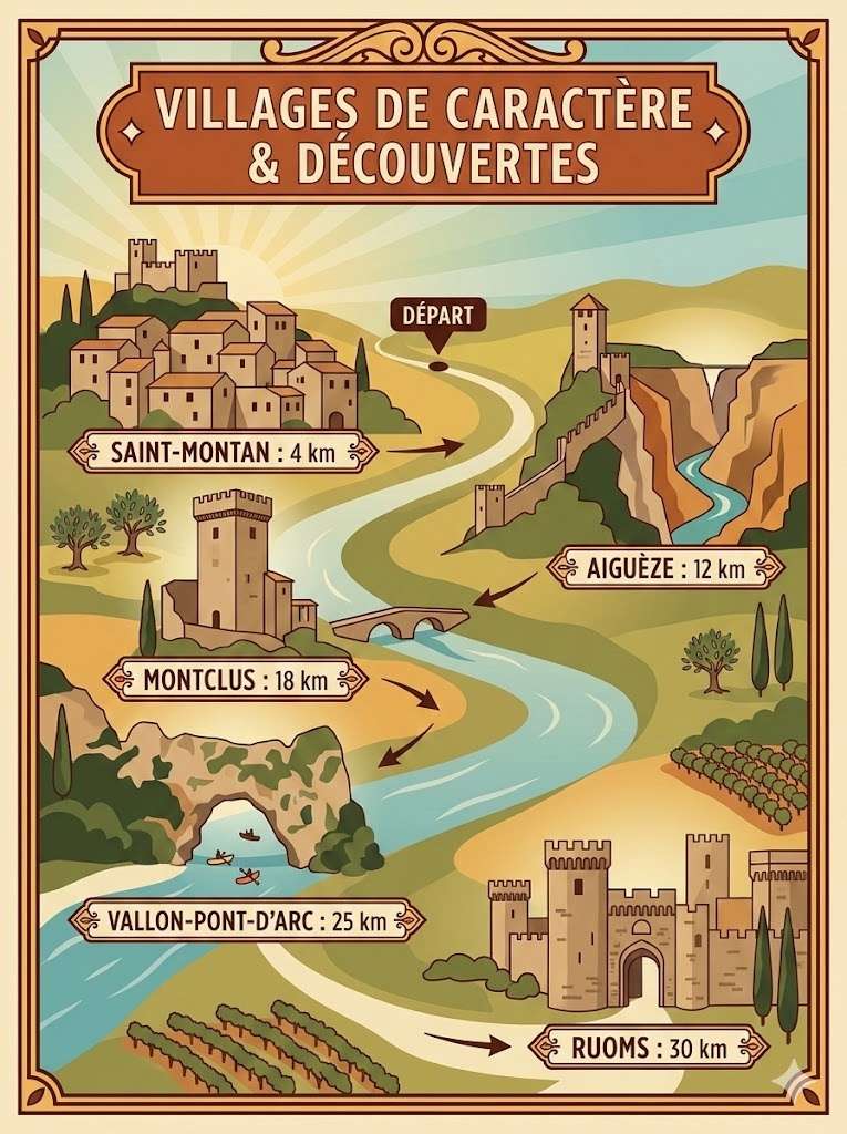 Carte touristique illustrée des villages de caractère et découvertes près de notre camping en Ardèche. Itinéraire et distances depuis le départ vers Saint-Montan (4 km), Aiguèze, Montclus, Vallon-Pont-d'Arc et Ruoms (30 km).