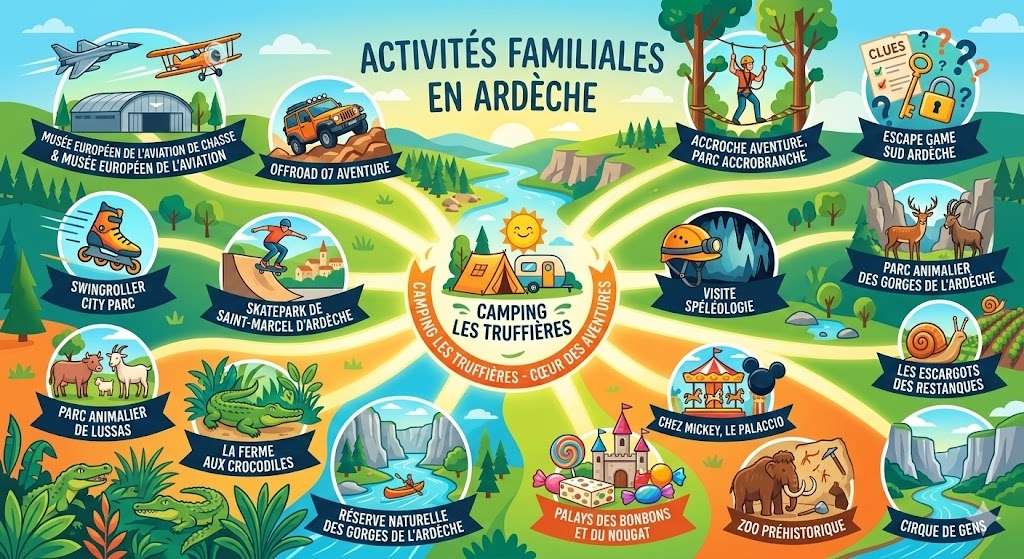 Carte des activités et parcs de loisirs familiaux autour du camping Les Truffières à Saint-Marcel-d'Ardèche.