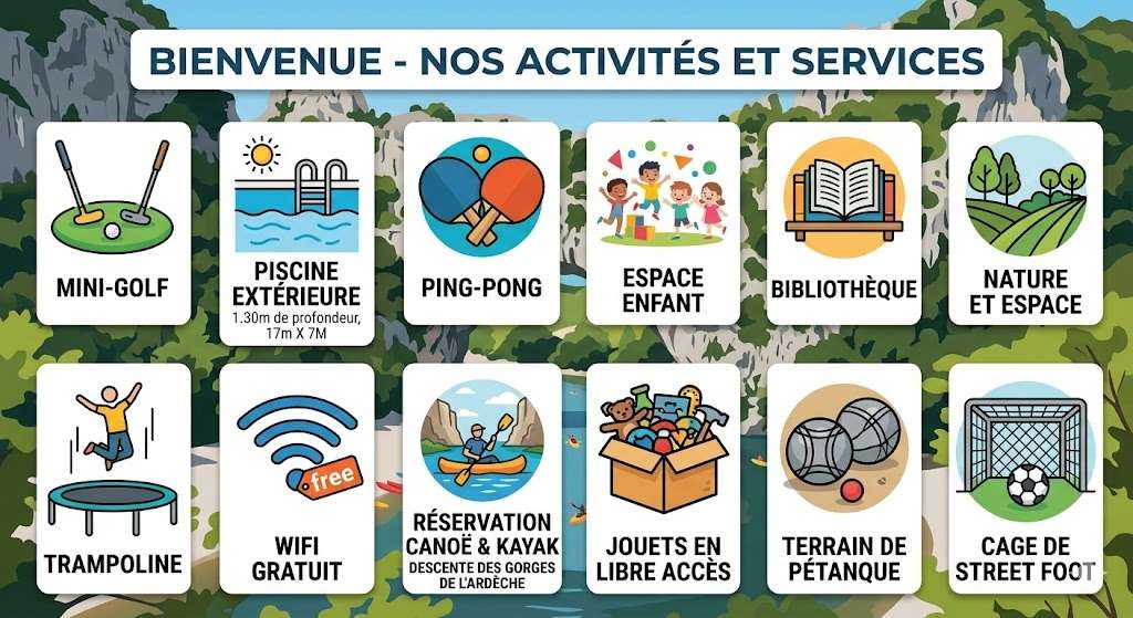 Aire de jeux en libre accès au camping Les Truffières en Ardèche, équipée d'un trampoline, mini-golf, ping-pong et slackline pour les enfants.