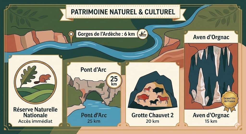 Carte touristique des distances entre le camping Les Truffières et les sites majeurs d'Ardèche, Gard, Drôme et Vaucluse.