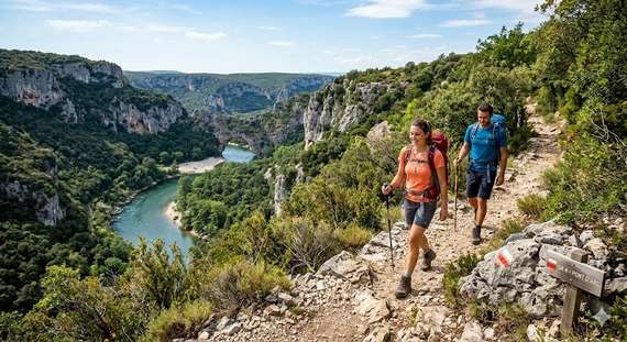 Randonneur suivant un de nos itinéraires GPX sur sentier de randonnée des Gorges de l'Ardèche, Réserve Naturelle.
